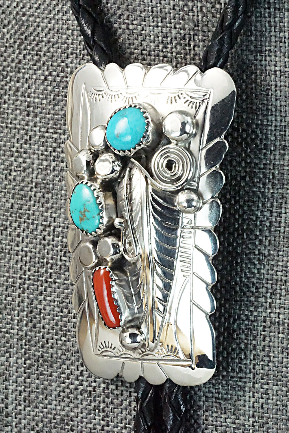 Turquoise, Coral & Sterling Silver Bolo Tie - Wilbur Myers