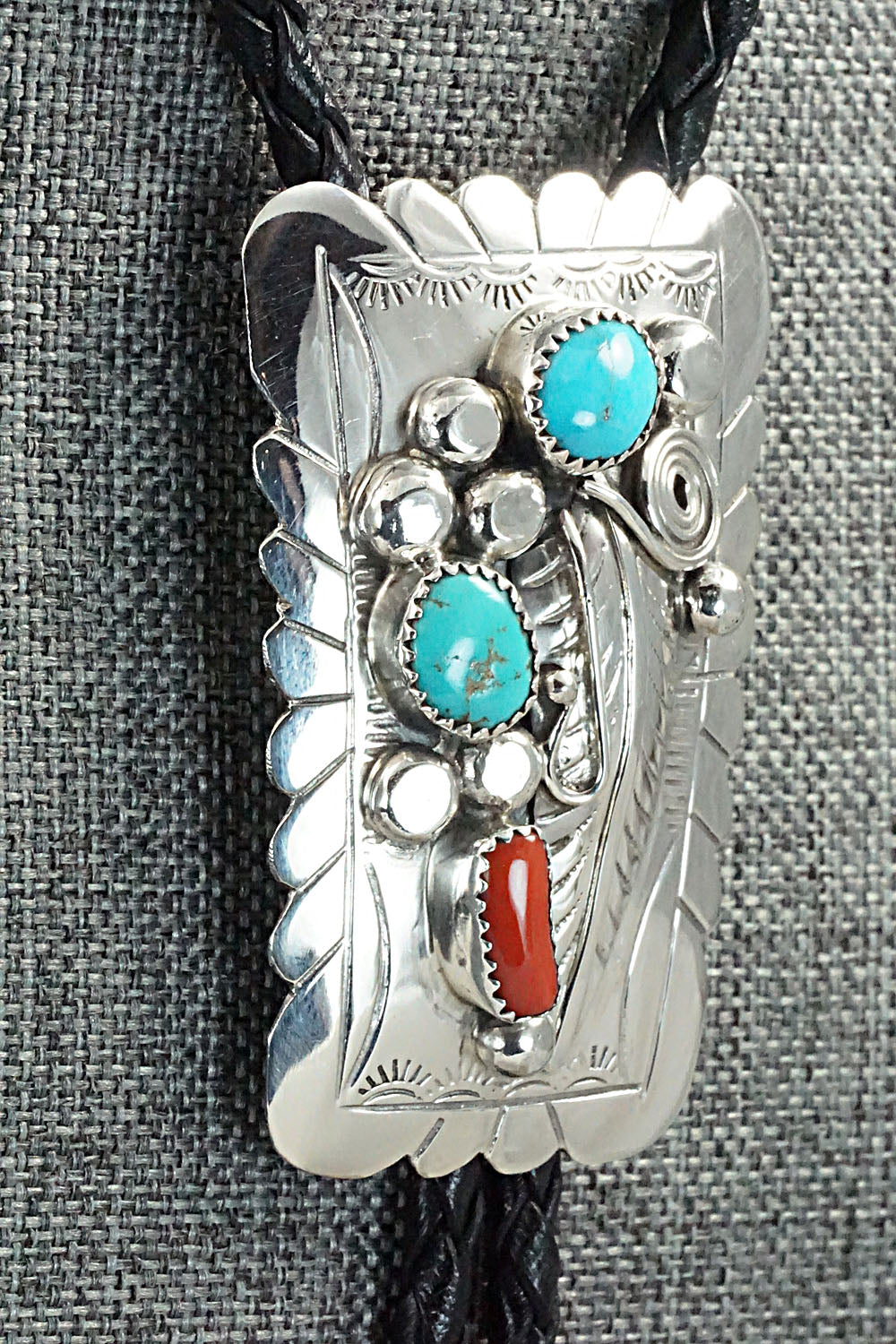 Turquoise, Coral & Sterling Silver Bolo Tie - Wilbur Myers