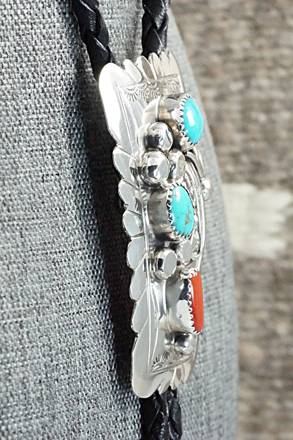 Turquoise, Coral & Sterling Silver Bolo Tie - Wilbur Myers