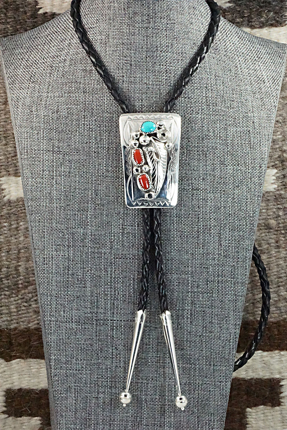 Turquoise, Coral & Sterling Silver Bolo Tie - Wilbur Myers