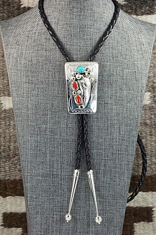 Turquoise, Coral & Sterling Silver Bolo Tie - Wilbur Myers