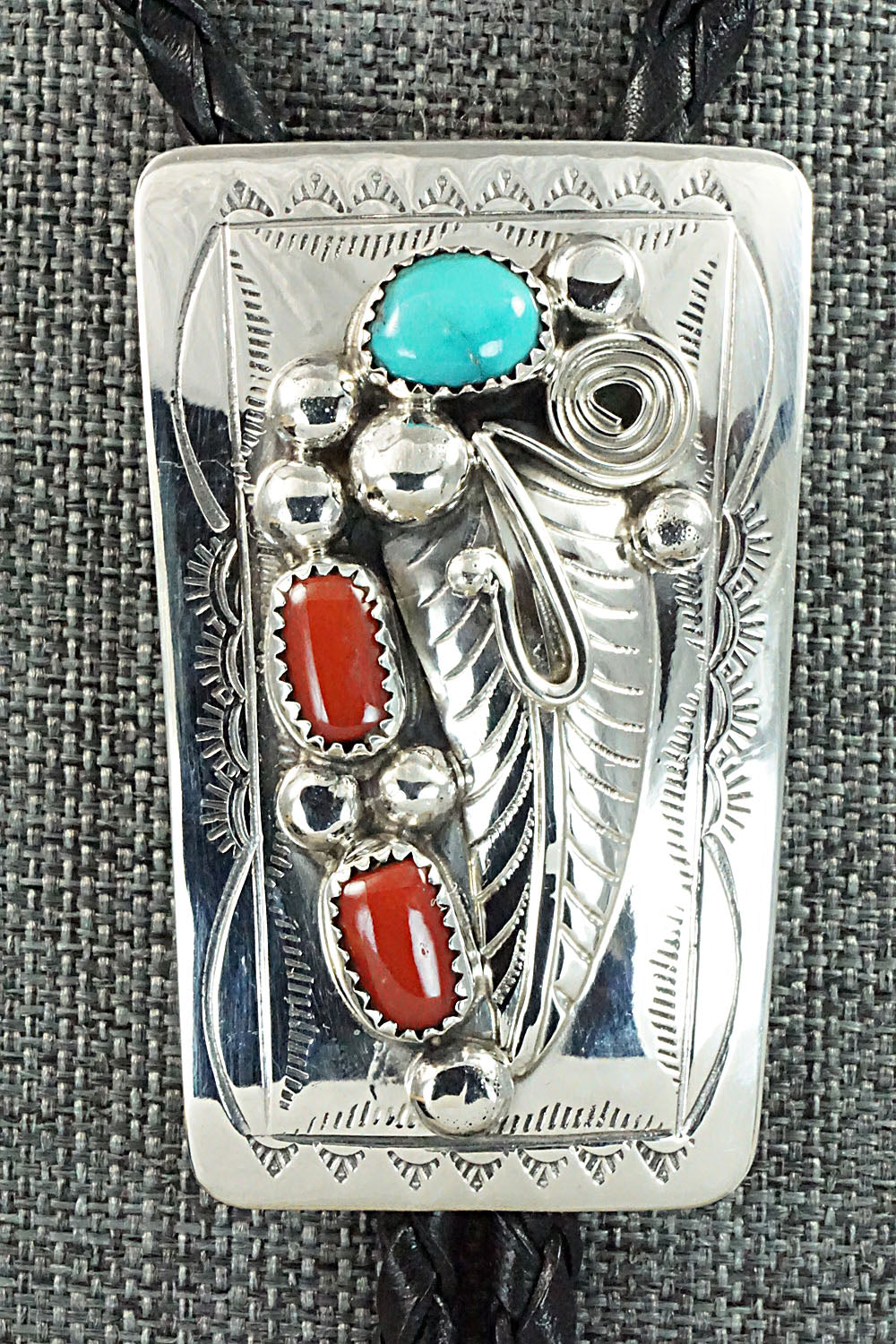 Turquoise, Coral & Sterling Silver Bolo Tie - Wilbur Myers
