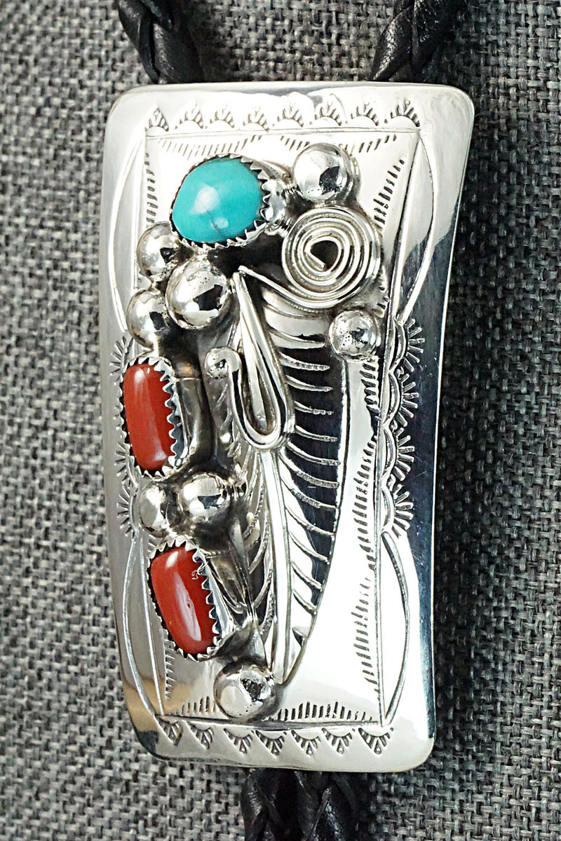 Turquoise, Coral & Sterling Silver Bolo Tie - Wilbur Myers