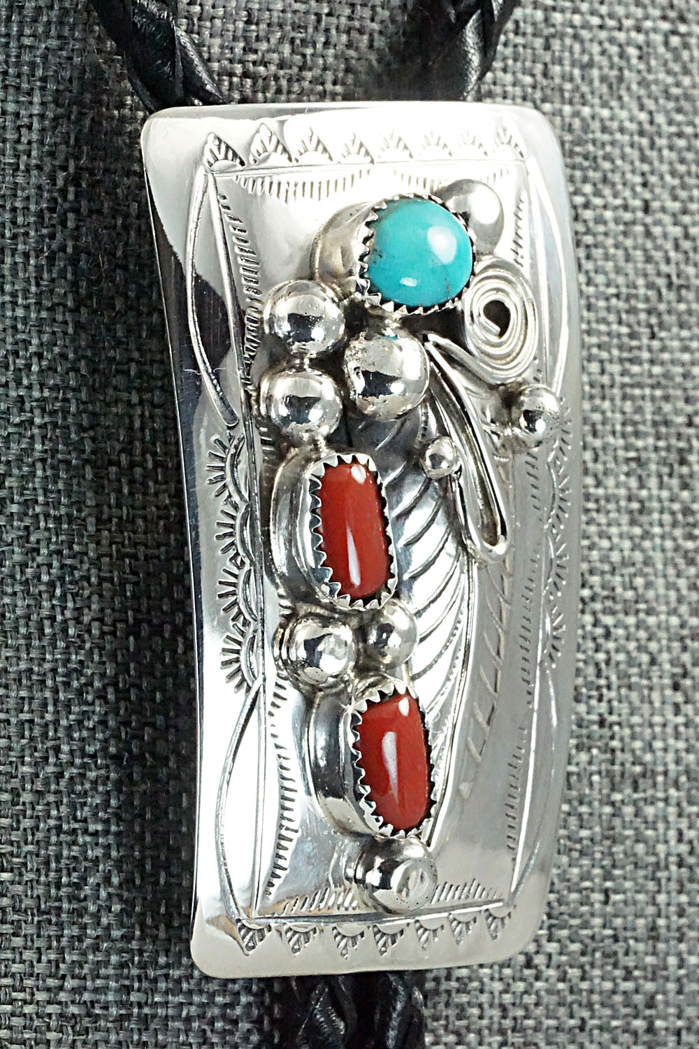 Turquoise, Coral & Sterling Silver Bolo Tie - Wilbur Myers