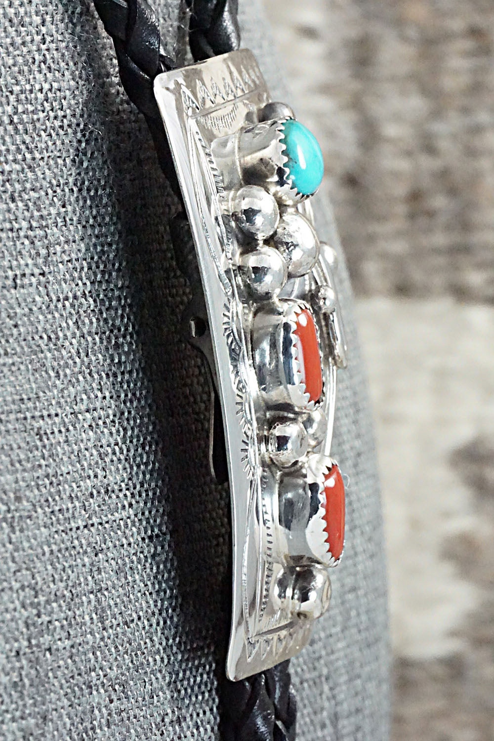 Turquoise, Coral & Sterling Silver Bolo Tie - Wilbur Myers