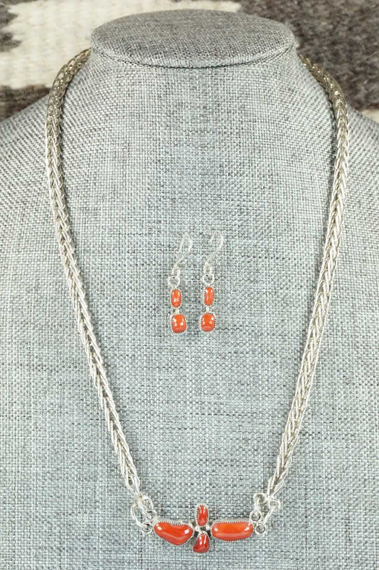 Coral & Sterling Silver Necklace and Earrings Set - Smokey Gchachu