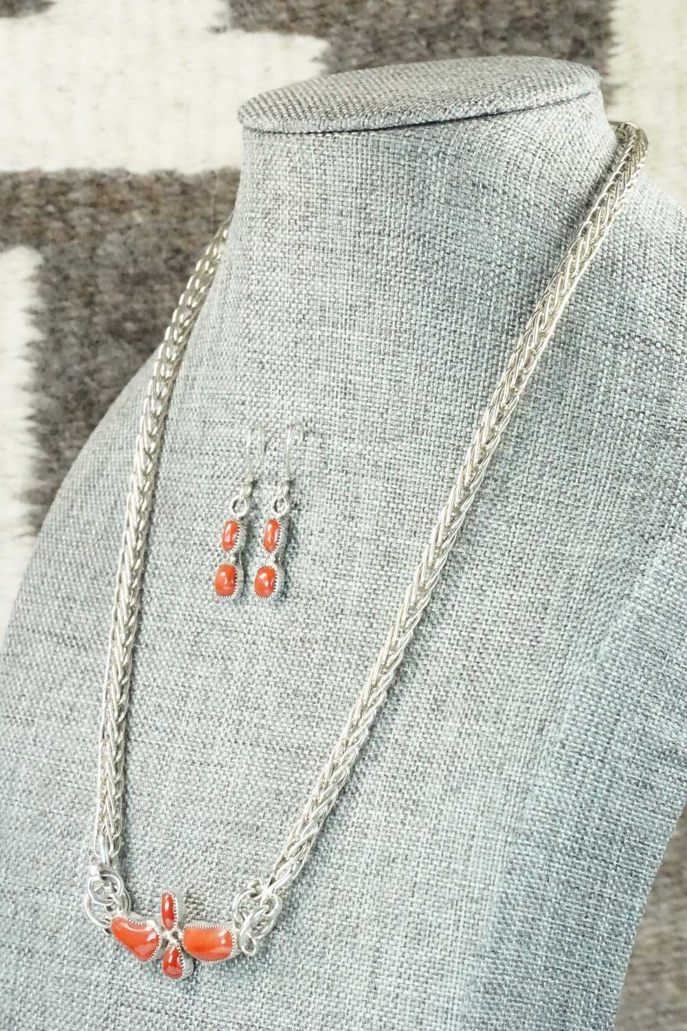Coral & Sterling Silver Necklace and Earrings Set - Smokey Gchachu