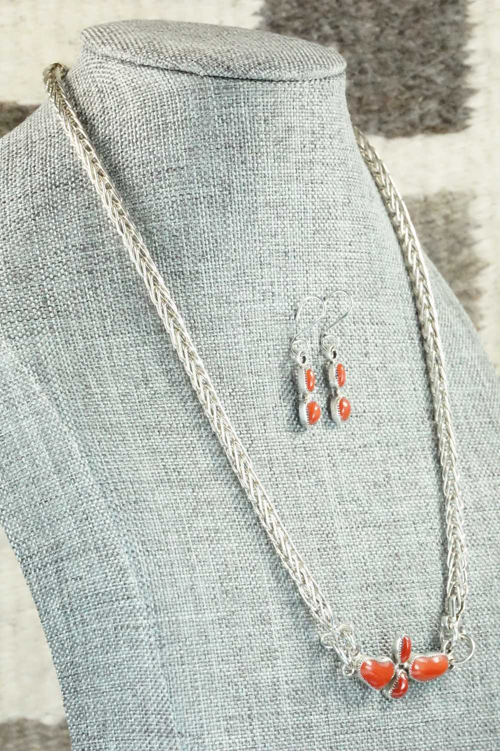 Coral & Sterling Silver Necklace and Earrings Set - Smokey Gchachu