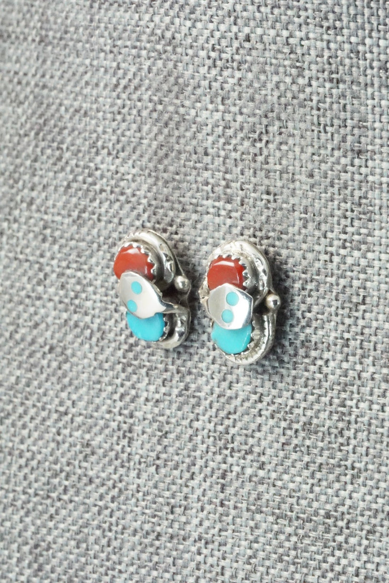 Turquoise, Coral & Sterling Silver Earrings - Joy Calavaza