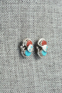 Turquoise, Coral & Sterling Silver Earrings - Joy Calavaza
