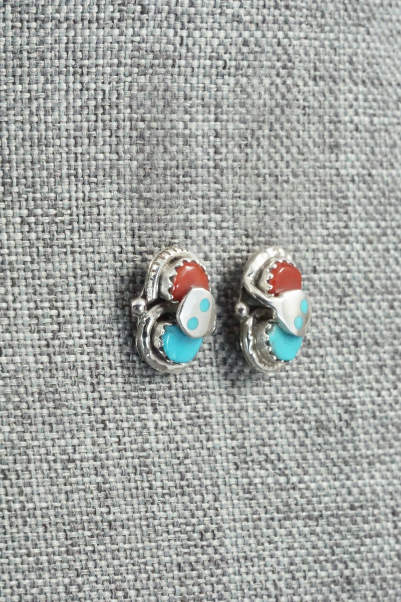 Turquoise, Coral & Sterling Silver Earrings - Joy Calavaza