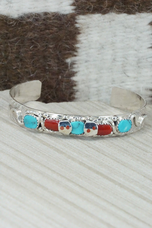 Turquoise, Coral & Sterling Silver Bracelet - Joy Calavaza