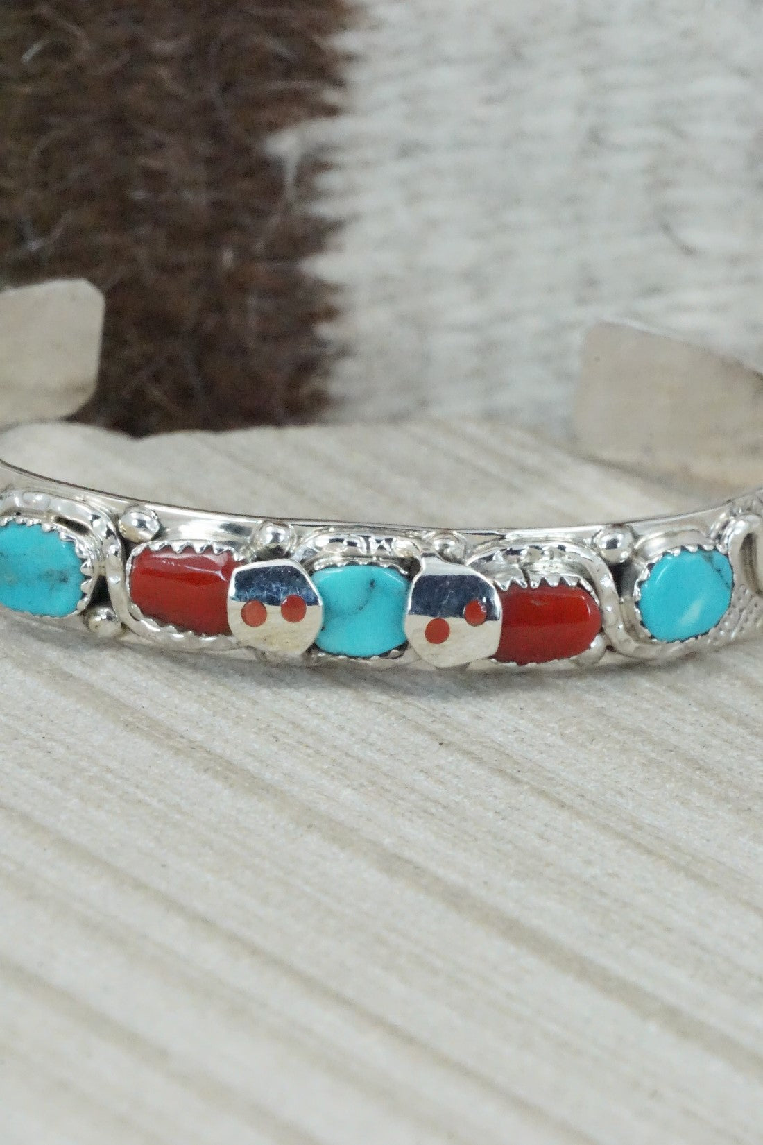 Turquoise, Coral & Sterling Silver Bracelet - Joy Calavaza