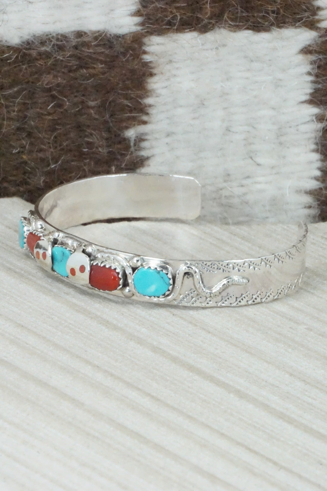 Turquoise, Coral & Sterling Silver Bracelet - Joy Calavaza
