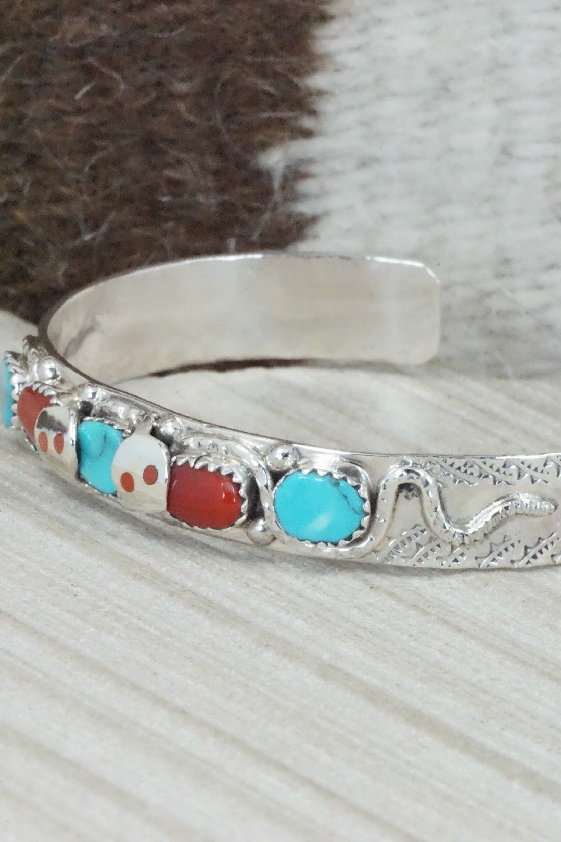 Turquoise, Coral & Sterling Silver Bracelet - Joy Calavaza