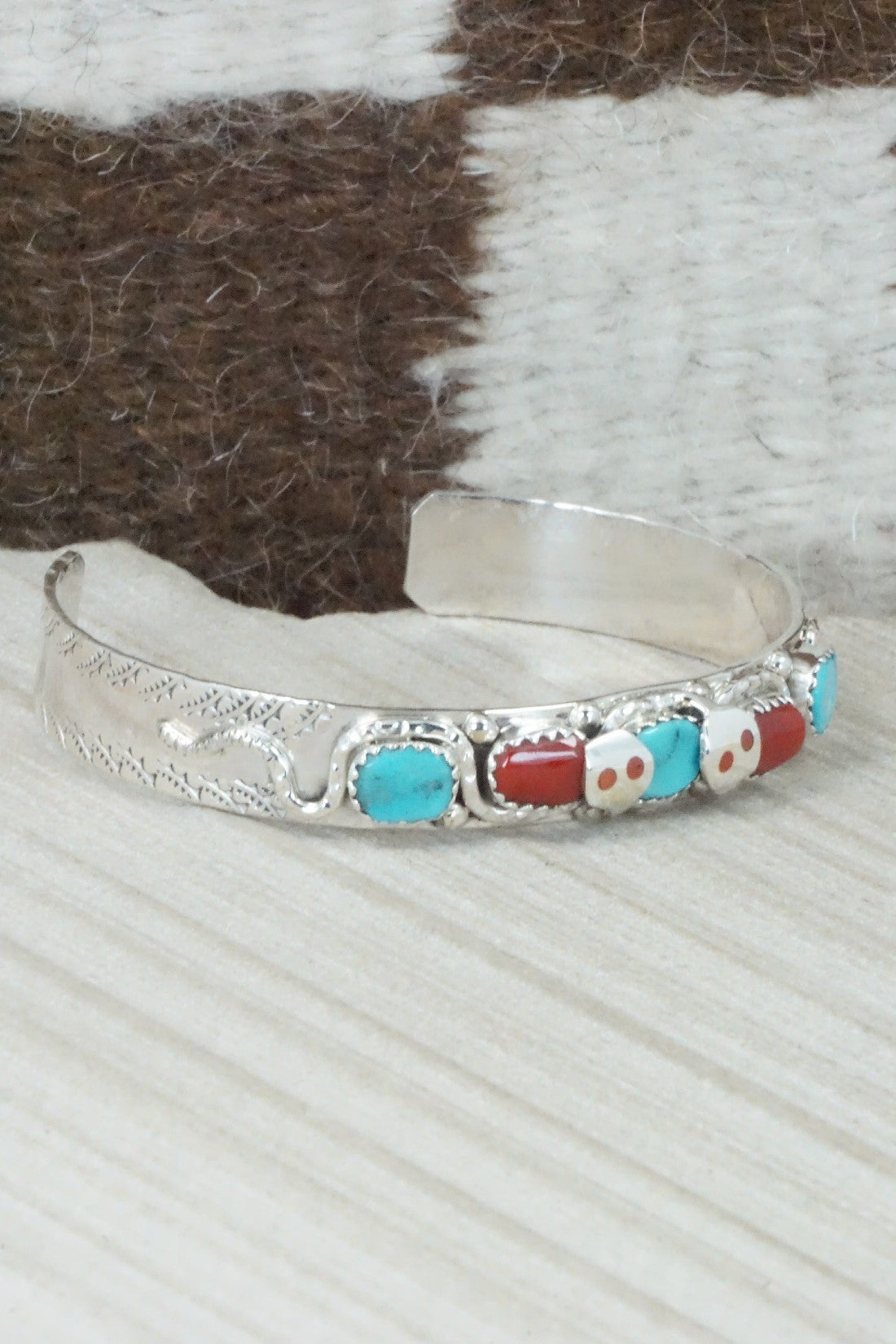 Turquoise, Coral & Sterling Silver Bracelet - Joy Calavaza