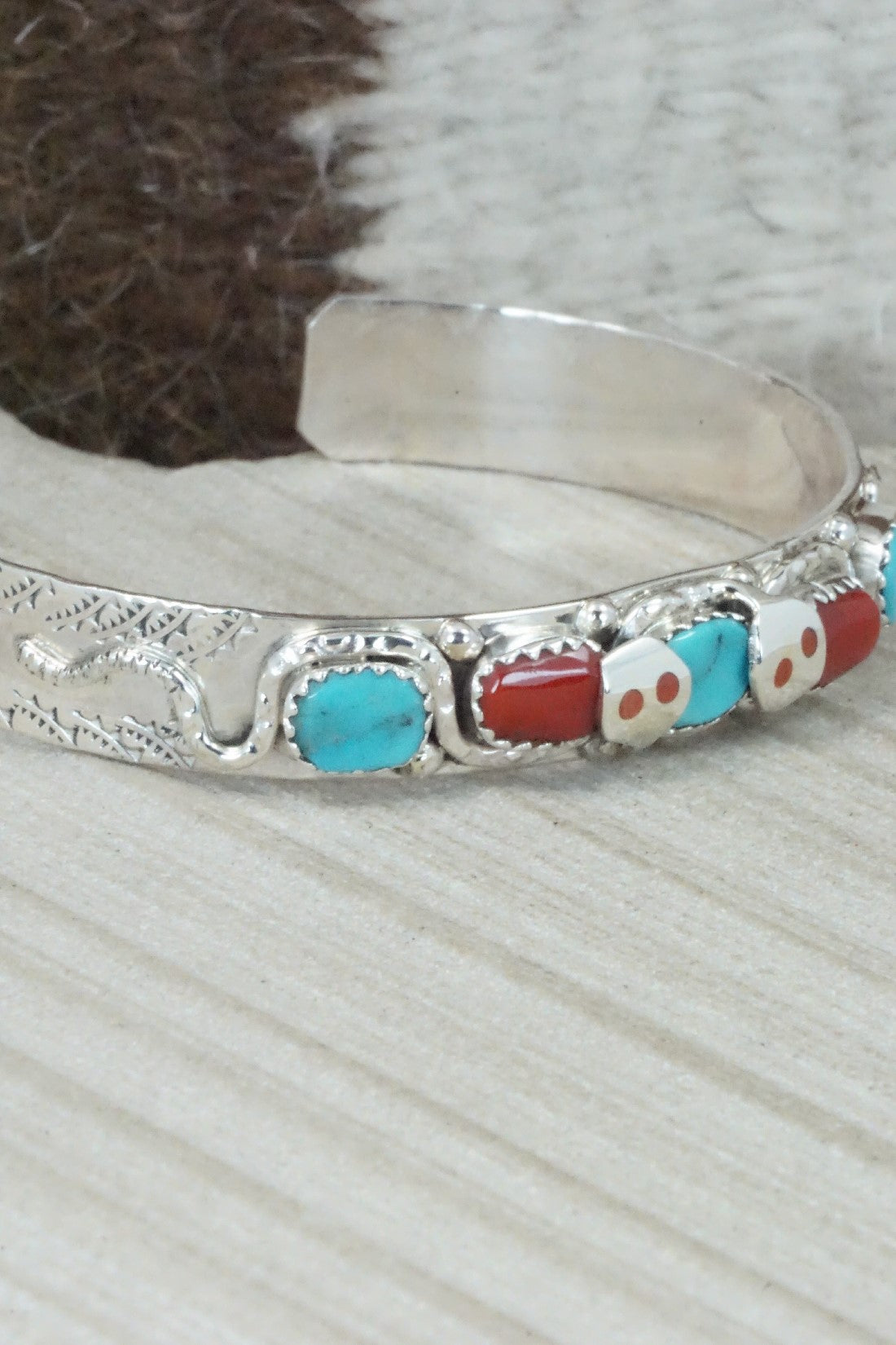 Turquoise, Coral & Sterling Silver Bracelet - Joy Calavaza