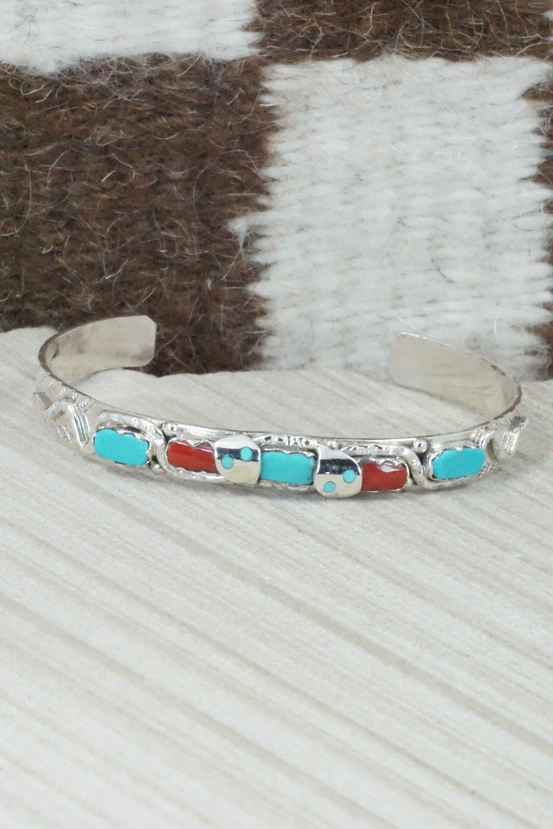 Turquoise, Coral & Sterling Silver Bracelet - Joy Calavaza