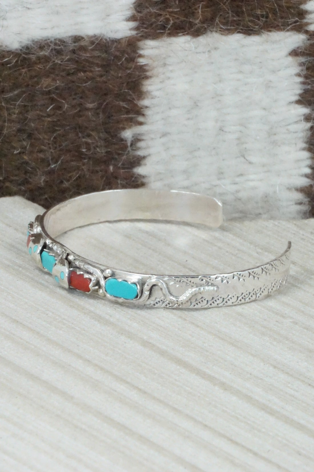 Turquoise, Coral & Sterling Silver Bracelet - Joy Calavaza