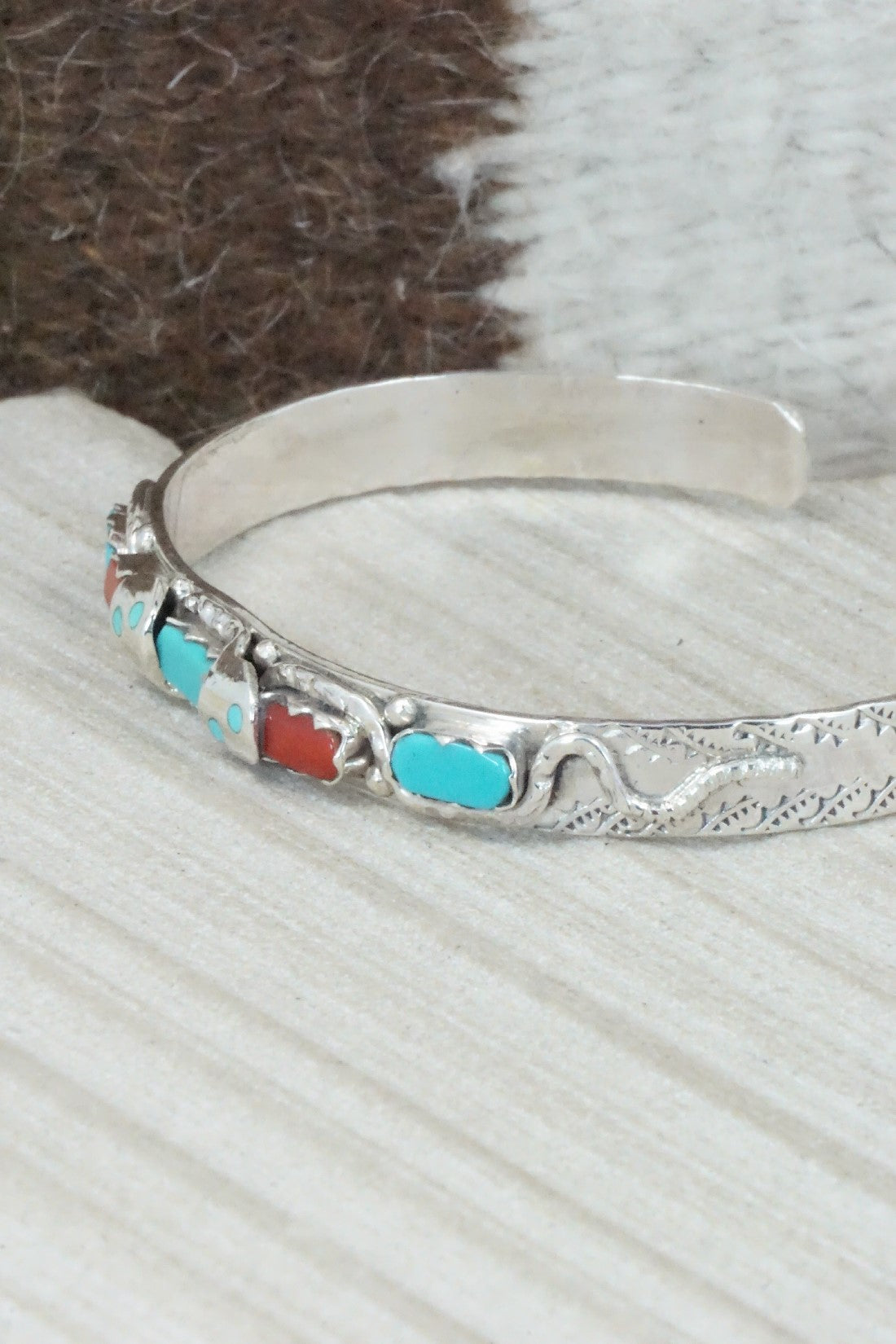 Turquoise, Coral & Sterling Silver Bracelet - Joy Calavaza