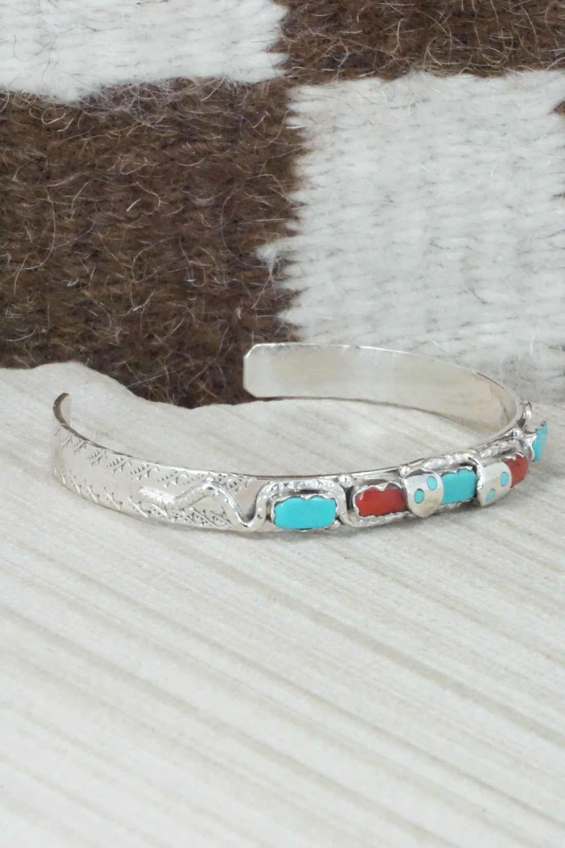 Turquoise, Coral & Sterling Silver Bracelet - Joy Calavaza