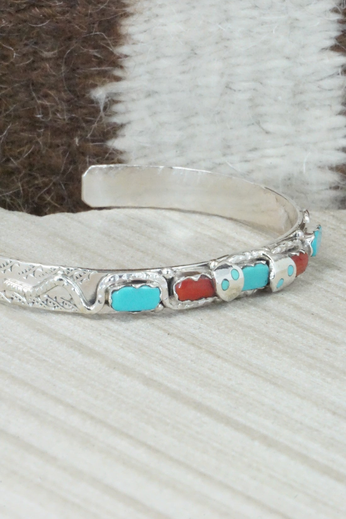 Turquoise, Coral & Sterling Silver Bracelet - Joy Calavaza