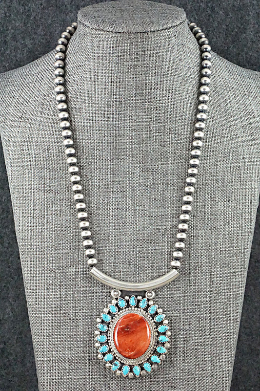 Turquoise, Spiny Oyster & Sterling Silver Necklace - Tom Lewis