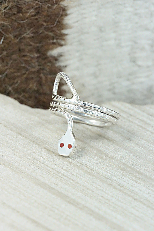 Coral & Sterling Silver Ring - Joy Calavaza - Size 8