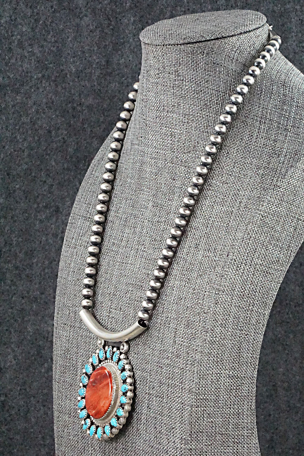 Turquoise, Spiny Oyster & Sterling Silver Necklace - Tom Lewis