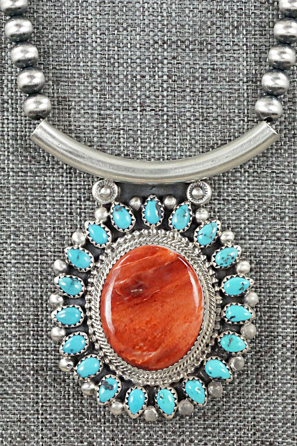 Turquoise, Spiny Oyster & Sterling Silver Necklace - Tom Lewis