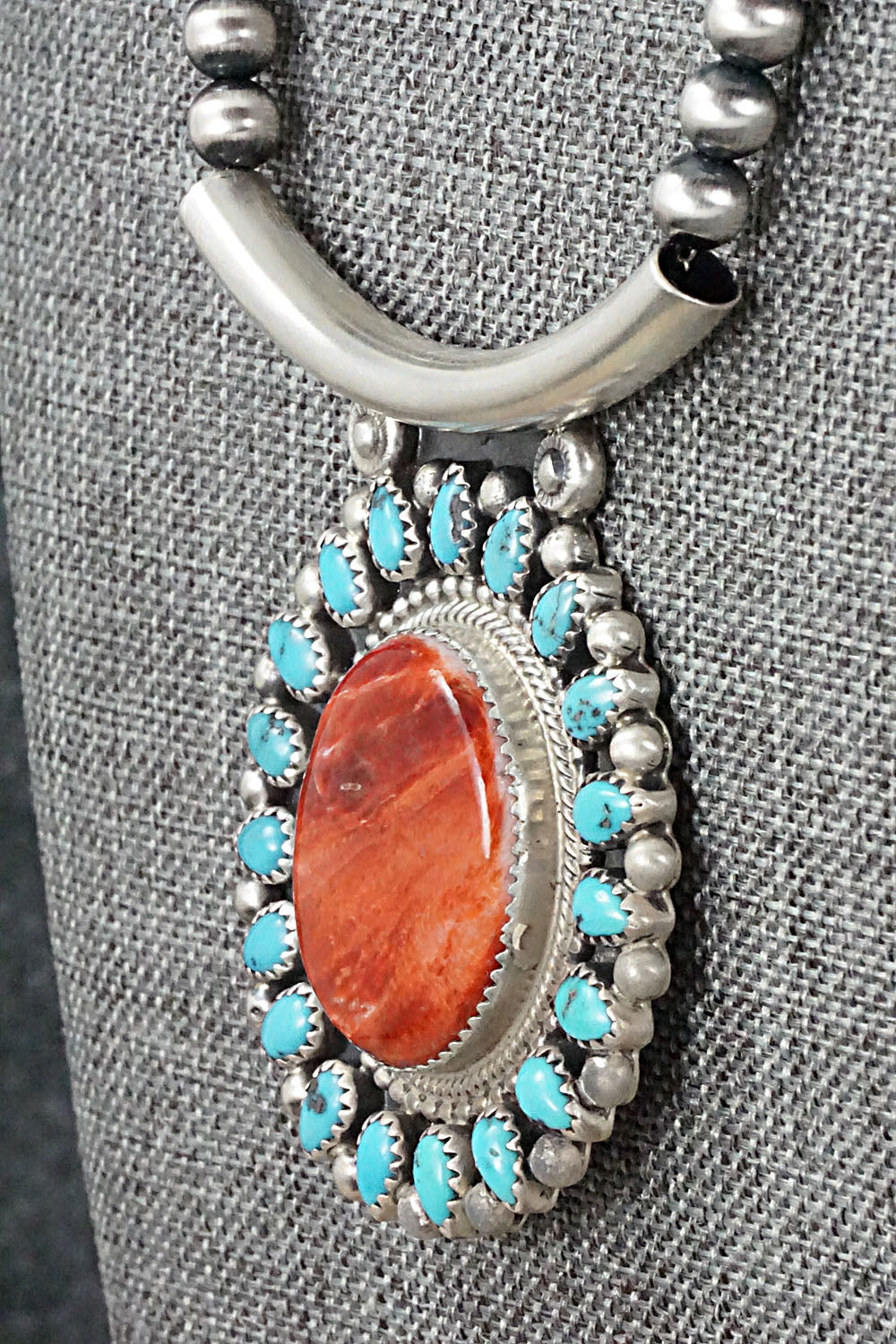 Turquoise, Spiny Oyster & Sterling Silver Necklace - Tom Lewis