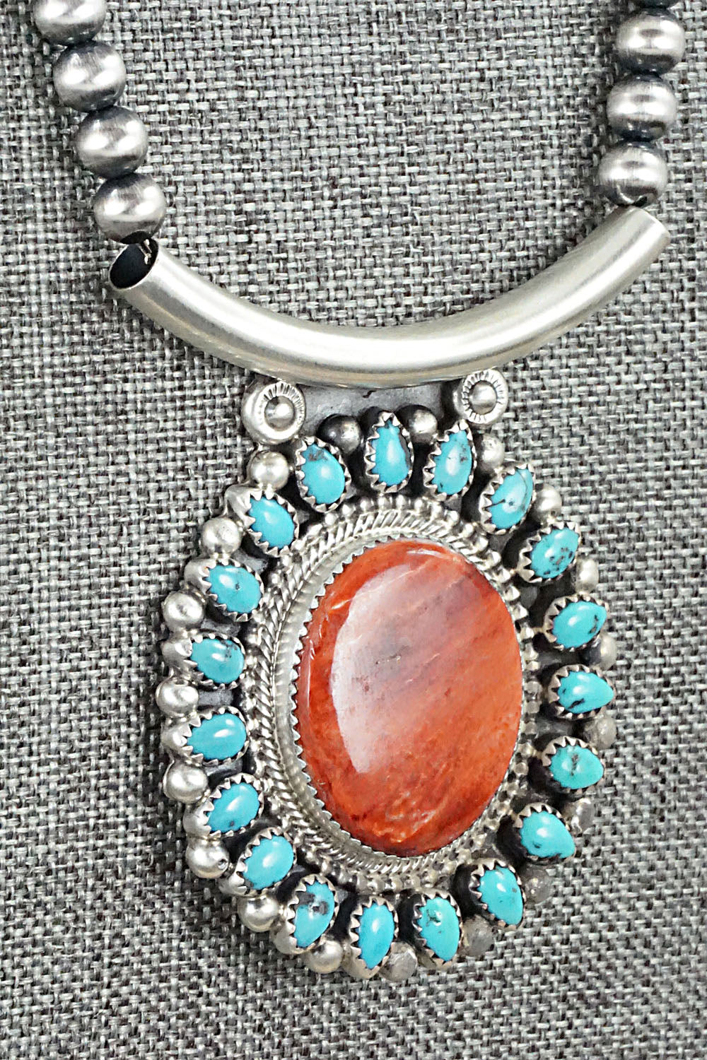 Turquoise, Spiny Oyster & Sterling Silver Necklace - Tom Lewis