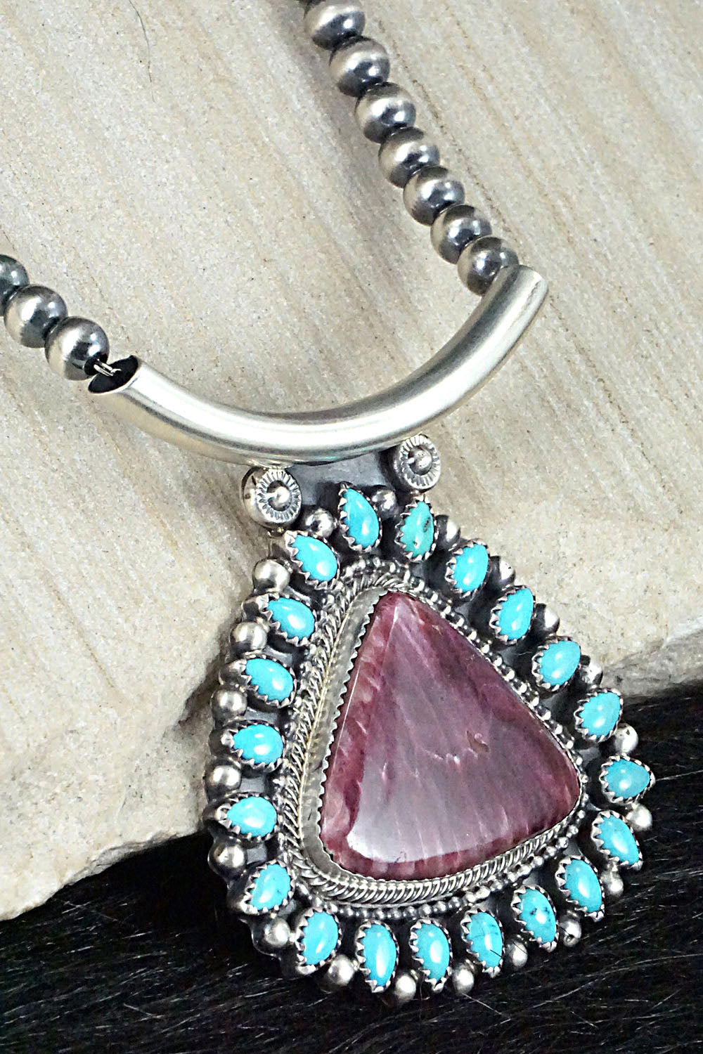 Turquoise, Spiny Oyster & Sterling Silver Necklace - Tom Lewis