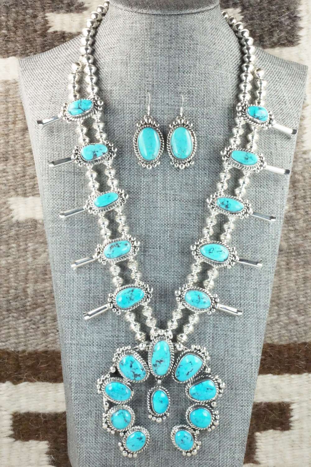 Turquoise & Sterling Silver Squash Blossom and Earrings - Vernon Johnson