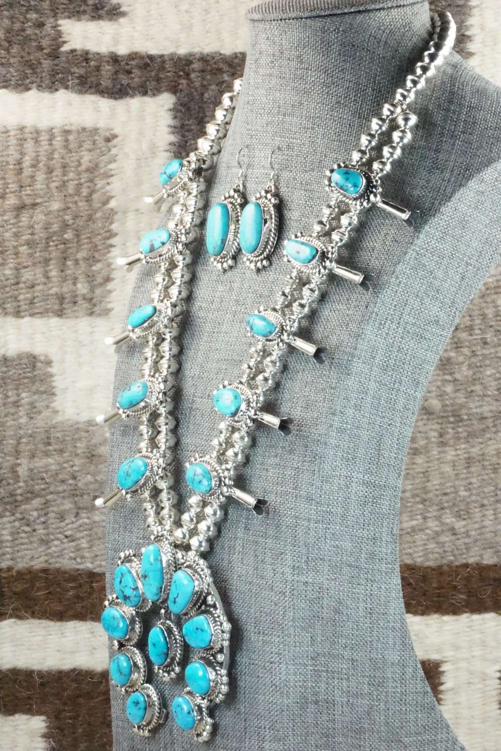 Turquoise & Sterling Silver Squash Blossom and Earrings - Vernon Johnson