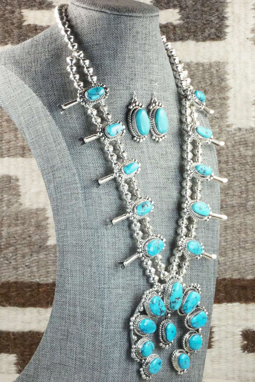 Turquoise & Sterling Silver Squash Blossom and Earrings - Vernon Johnson