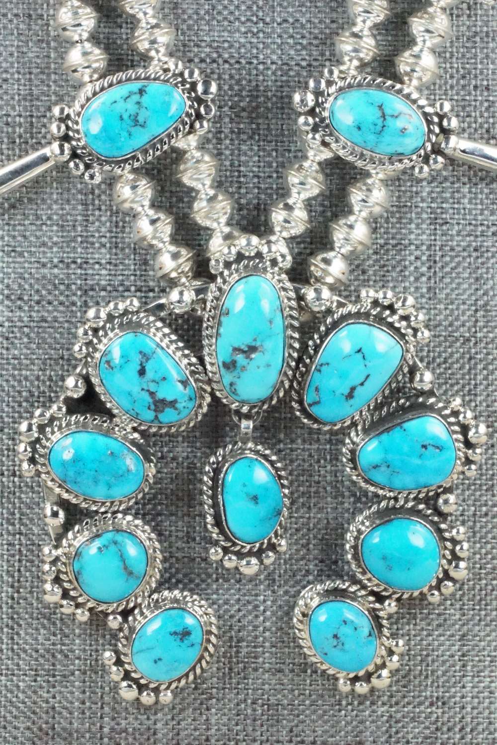 Turquoise & Sterling Silver Squash Blossom and Earrings - Vernon Johnson