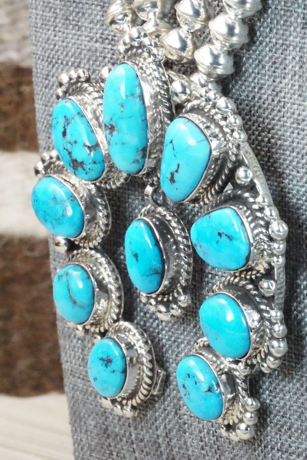 Turquoise & Sterling Silver Squash Blossom and Earrings - Vernon Johnson