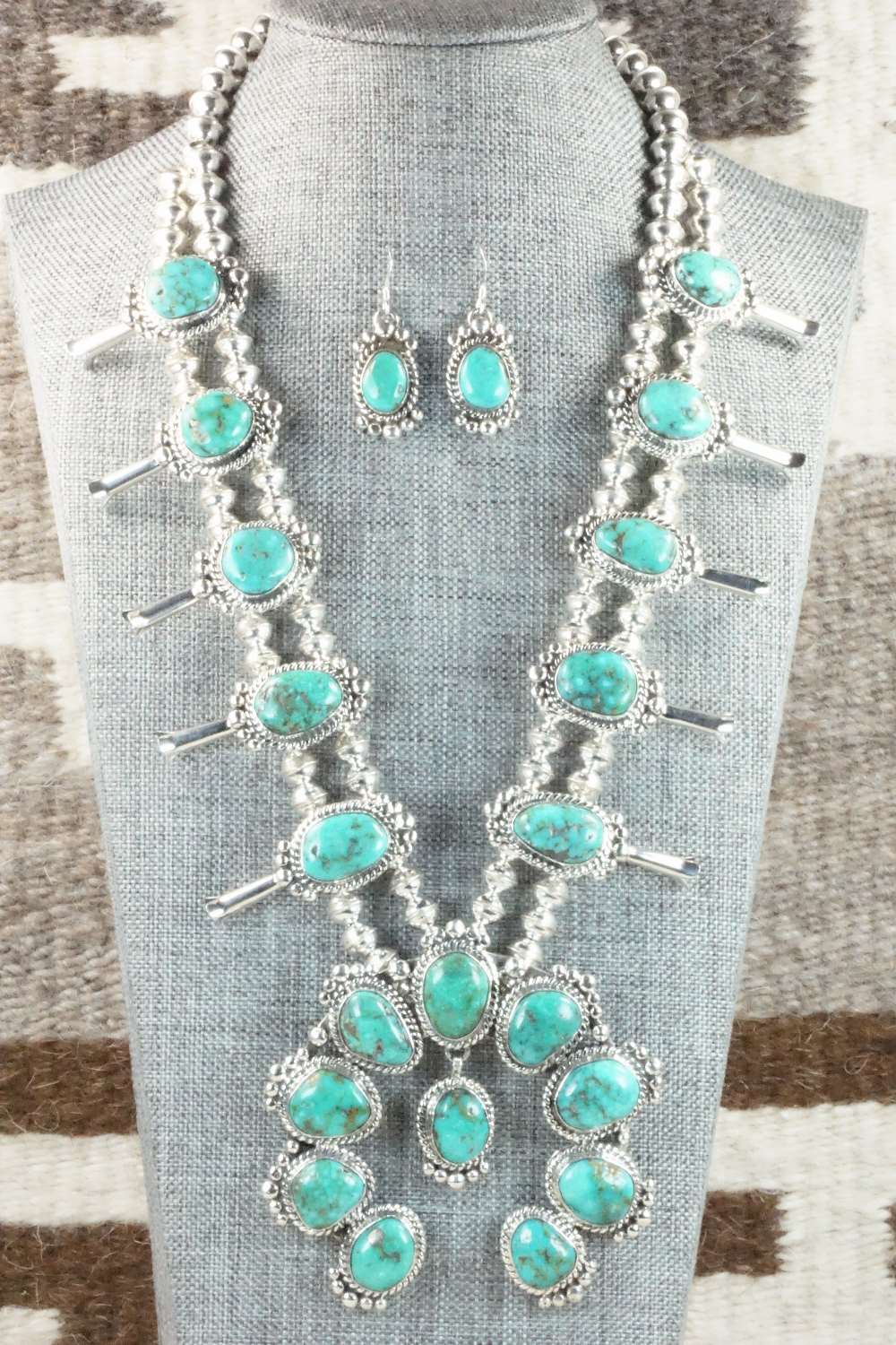 Turquoise & Sterling Silver Squash Blossom and Earrings - Vernon Johnson