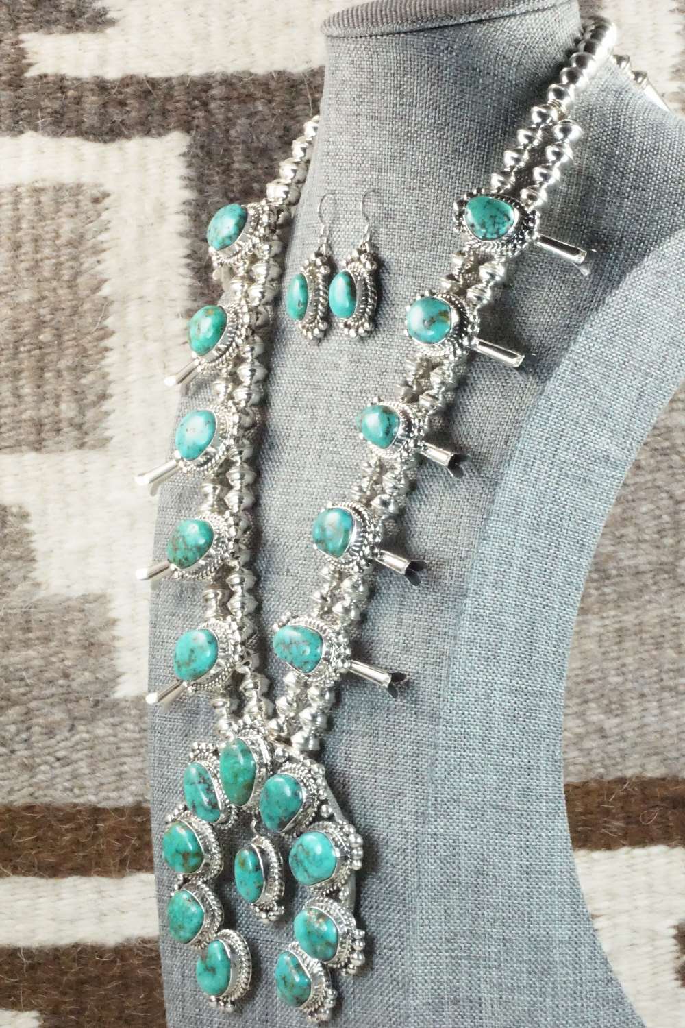 Turquoise & Sterling Silver Squash Blossom and Earrings - Vernon Johnson