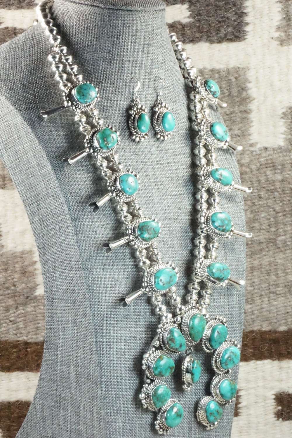 Turquoise & Sterling Silver Squash Blossom and Earrings - Vernon Johnson