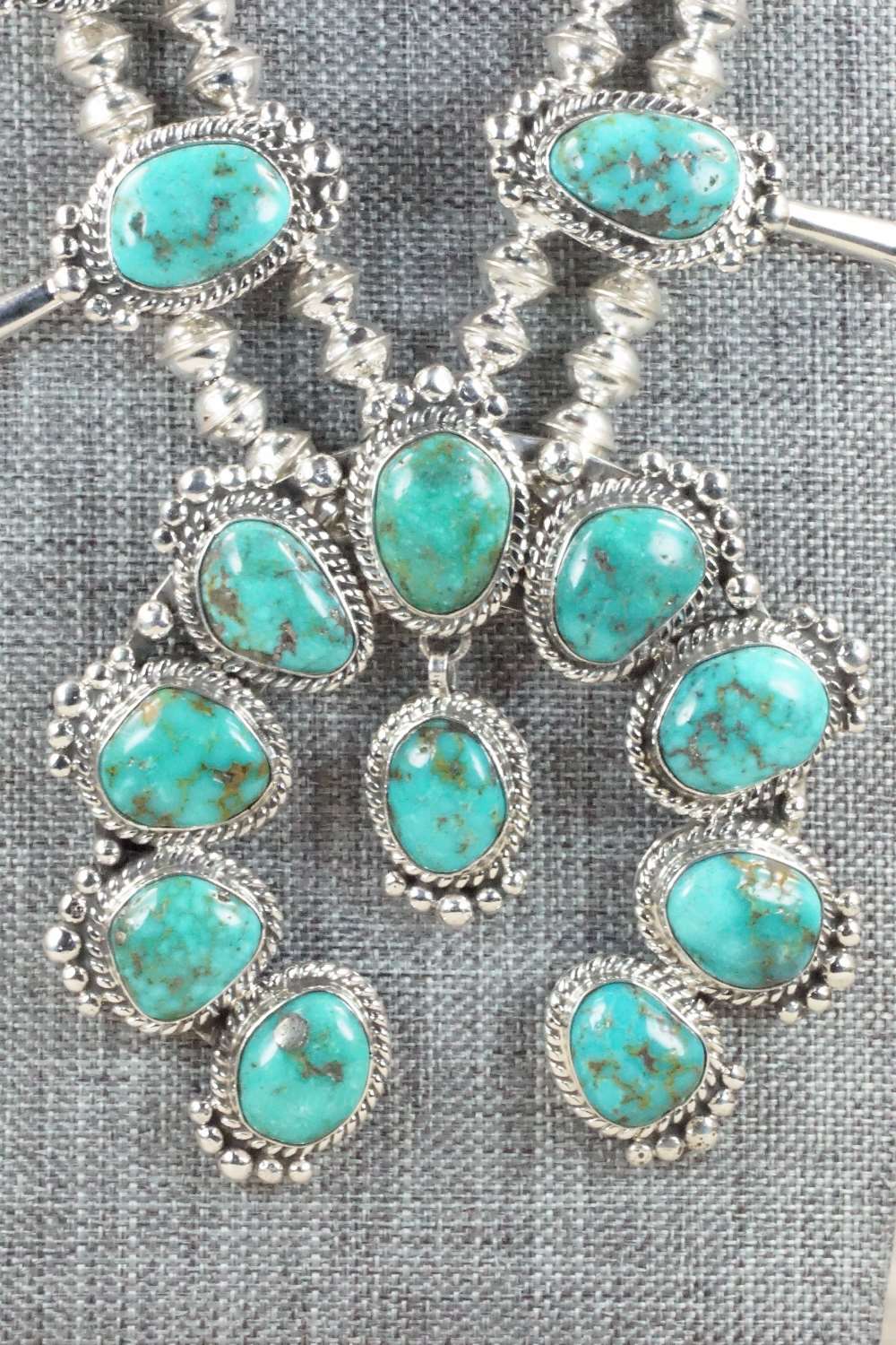 Turquoise & Sterling Silver Squash Blossom and Earrings - Vernon Johnson