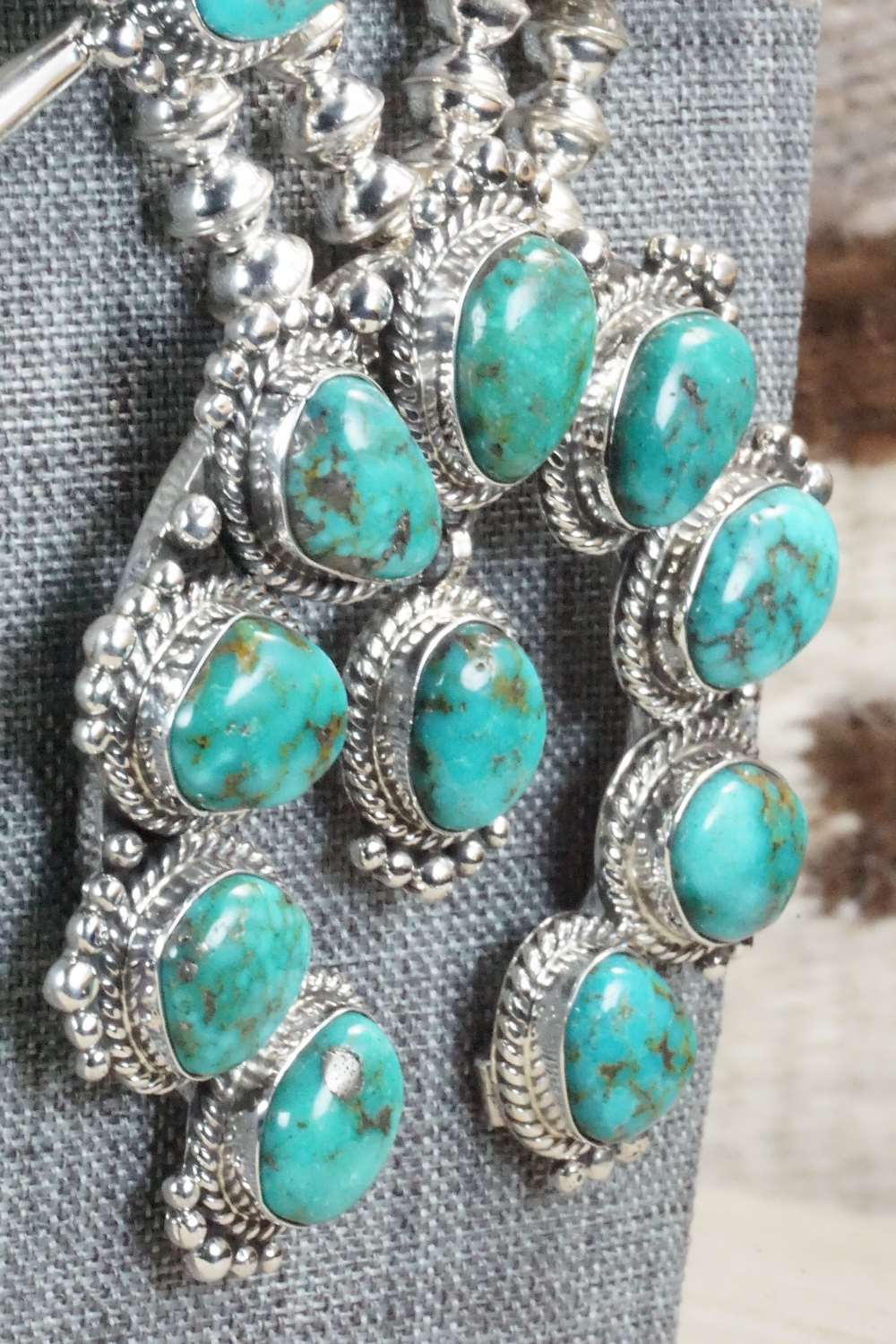 Turquoise & Sterling Silver Squash Blossom and Earrings - Vernon Johnson