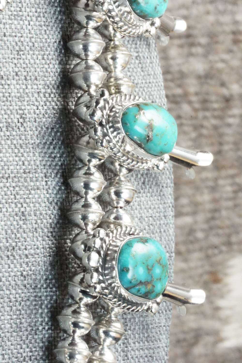Turquoise & Sterling Silver Squash Blossom and Earrings - Vernon Johnson