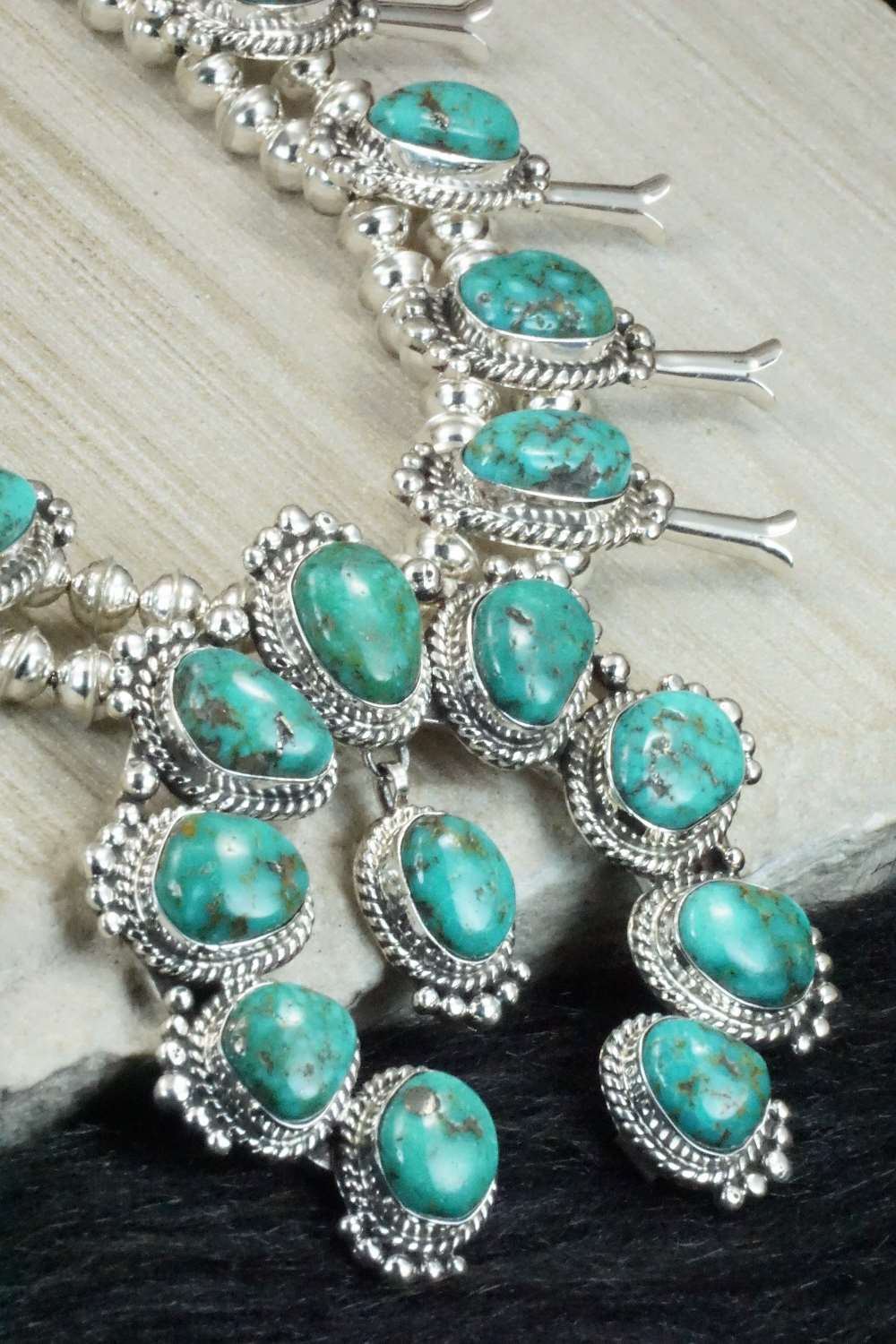 Turquoise & Sterling Silver Squash Blossom and Earrings - Vernon Johnson