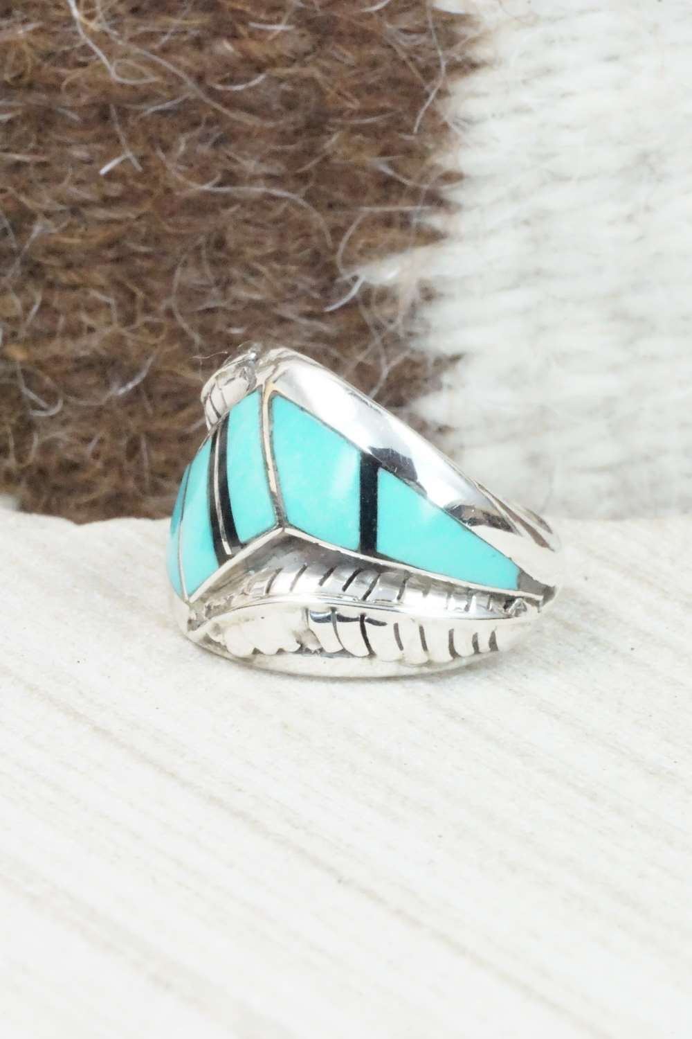 Turquoise, Onyx & Sterling Silver Ring - Size 8.5
