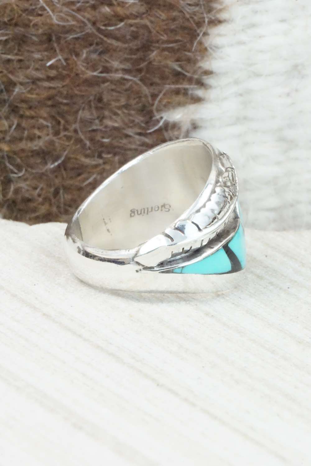 Turquoise, Onyx & Sterling Silver Ring - Size 8.5