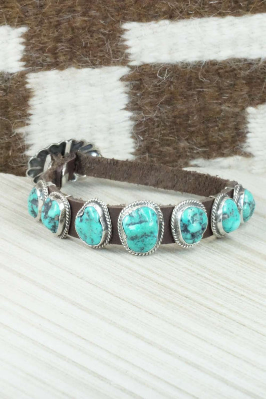 Turquoise & Sterling Silver Leather Bracelet - Bonnie Willie