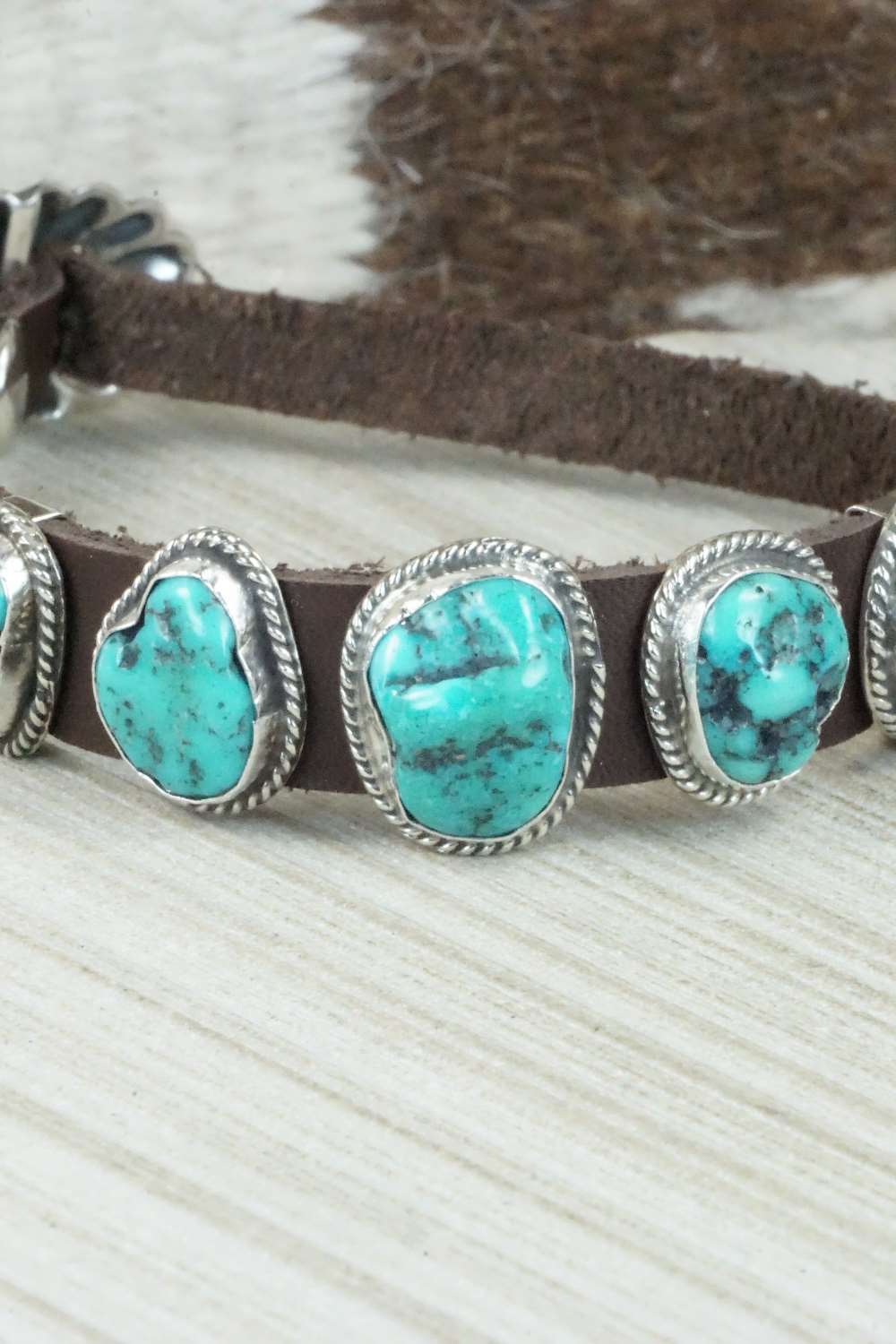 Turquoise & Sterling Silver Leather Bracelet - Bonnie Willie