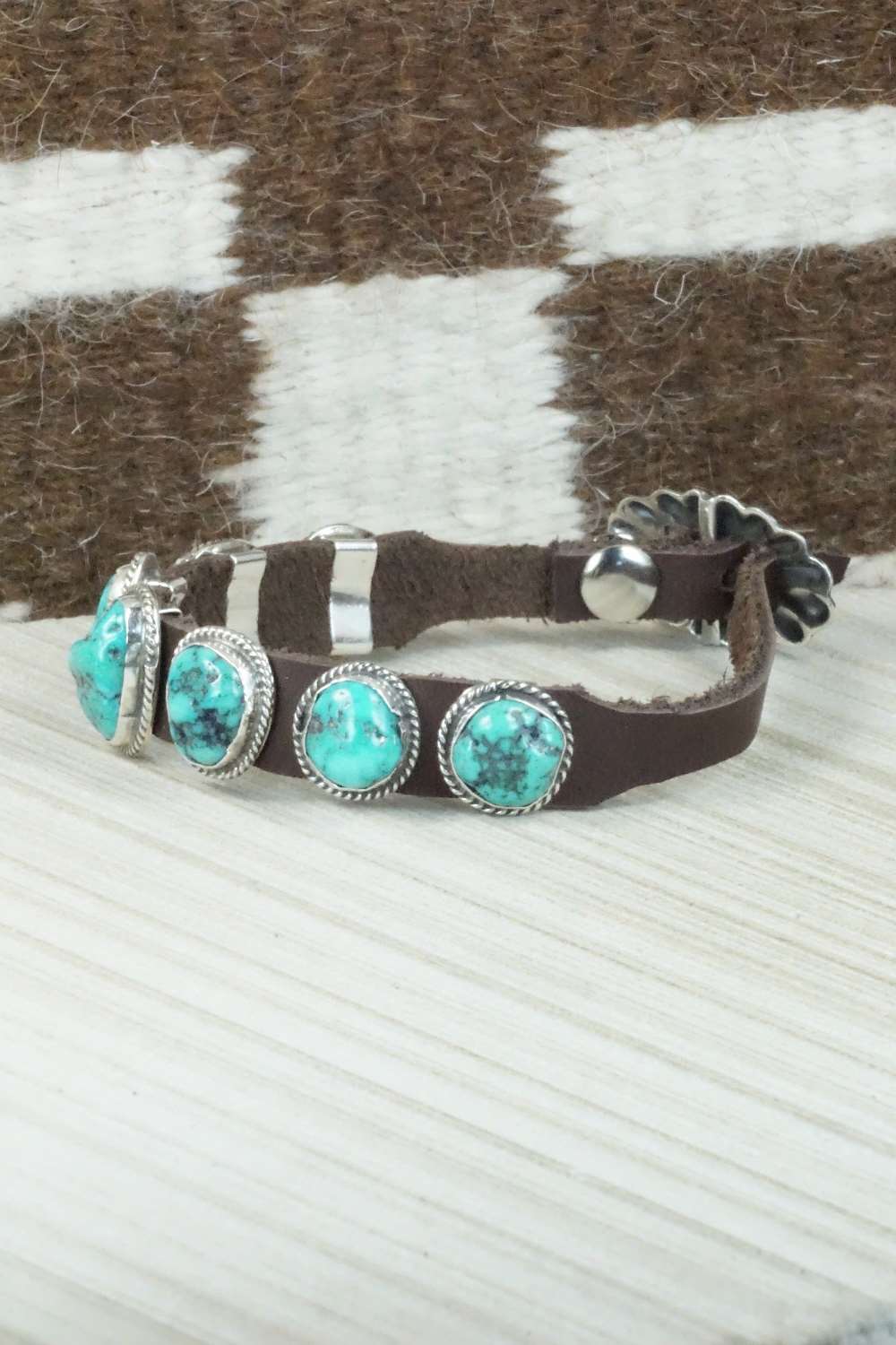 Turquoise & Sterling Silver Leather Bracelet - Bonnie Willie